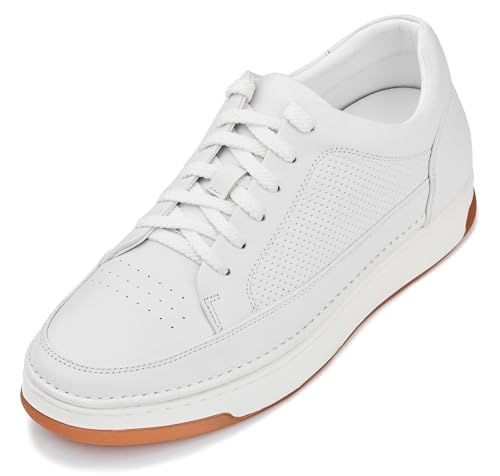 CALTO Herren unsichtbare Höhenerhöhungsschuhe – Premium-Leder-Schnürschuhe – modische Sneakers – 6,6 cm größer, Weiß/gebrochenes Weiß und Gummisohle, 39.5 EU von CALTO
