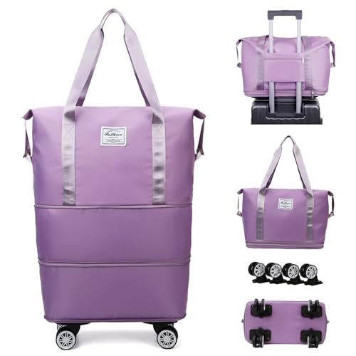 CALUOMATT Faltbare Reisetasche, erweiterbar, Reisetasche mit Rollen, Wochenend-Reisetasche mit abnehmbaren Rollrädern für Damen und Herren, Reisetasche, Reisetasche, für Wochenende, Helles Violett, von CALUOMATT