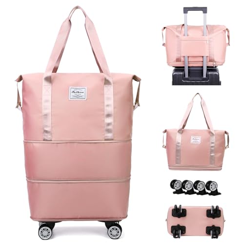 CALUOMATT Faltbare Reisetasche mit Rollen, Wochenend-Reisetasche mit abnehmbaren Rollen, für Damen und Herren, Reisetasche, Reisetasche, Wochenend-Reisetasche, Pink, Einheitsgröße, modisch von CALUOMATT