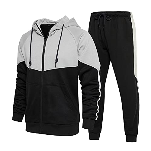 Herren Kapuzenpullover Athletic Trainingsanzug Sweatsuit Langarm Full-Zip Jogging Sweatpants 2 Stück Patchwork Sportanzüge, schwarz, X-Large von CALUOMATT