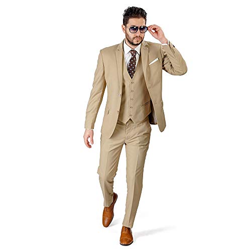 CALVINSUIT Herren Herrenanzug 3 Stück Beige Bräutigam Hochzeit Smoking Jacke Hosen Weste von CALVINSUIT