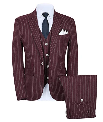 CALVINSUIT Herren Nadelstreifen 3 Stück Anzug Slim Fit Streifen Notch Revers Jacke Smoking von CALVINSUIT