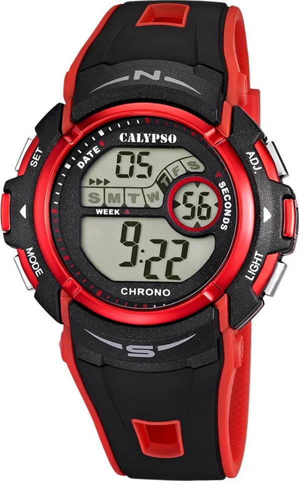 CALYPSO WATCHES Digitaluhr Calypso Herrenuhr Kautschuk schwarz rot, (Digitaluhr), Herrenuhr rund, groß (ca. 45mm) Kautschukarmband, Sport-Style von CALYPSO WATCHES