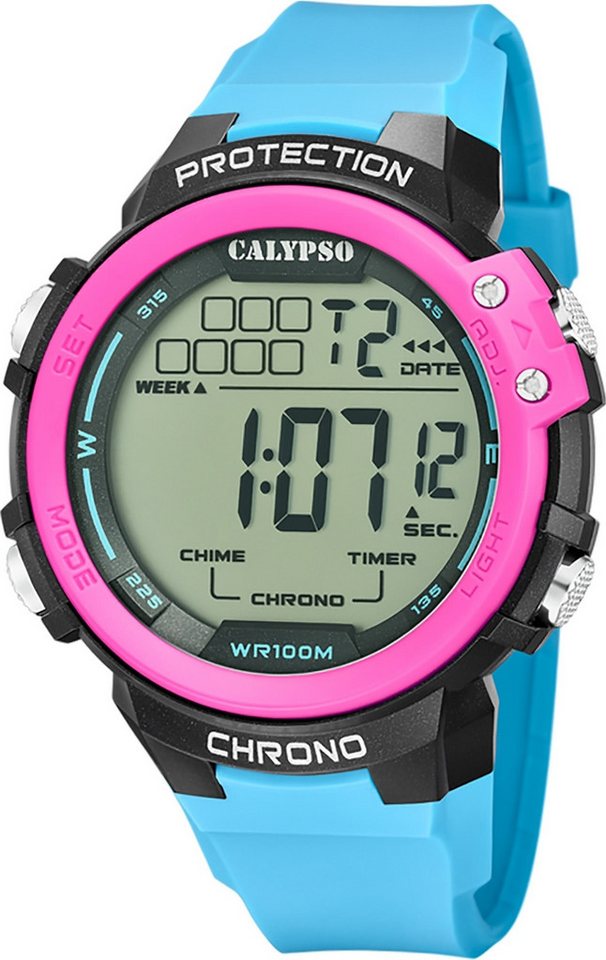 CALYPSO WATCHES Digitaluhr Calypso Herrenuhr Kunststoff blau Calypso, (Digitaluhr), Herrenuhr rund, extra groß (ca. 56mm) Kunststoffarmband, Sport-Style von CALYPSO WATCHES