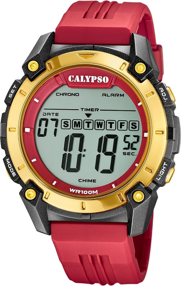 CALYPSO WATCHES Digitaluhr Calypso Herrenuhr Kunststoff rot Calypso, (Digitaluhr), Herrenuhr rund, extra groß (ca. 50mm) Kunststoffarmband, Sport-Style von CALYPSO WATCHES