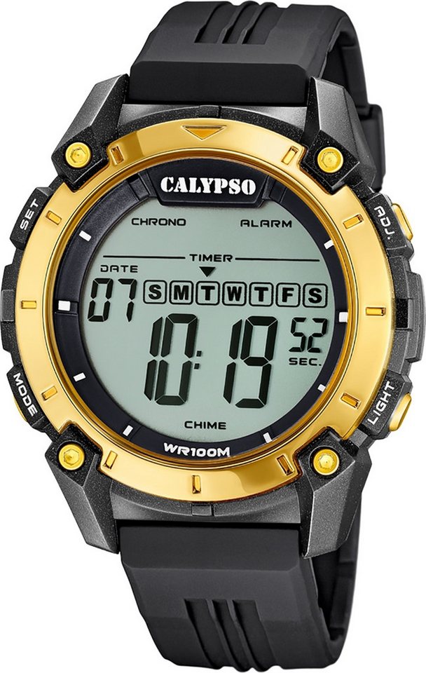 CALYPSO WATCHES Digitaluhr Calypso Herrenuhr Kunststoff schwarz, (Digitaluhr), Herrenuhr rund, extra groß (ca. 50mm) Kunststoffarmband, Sport-Style von CALYPSO WATCHES