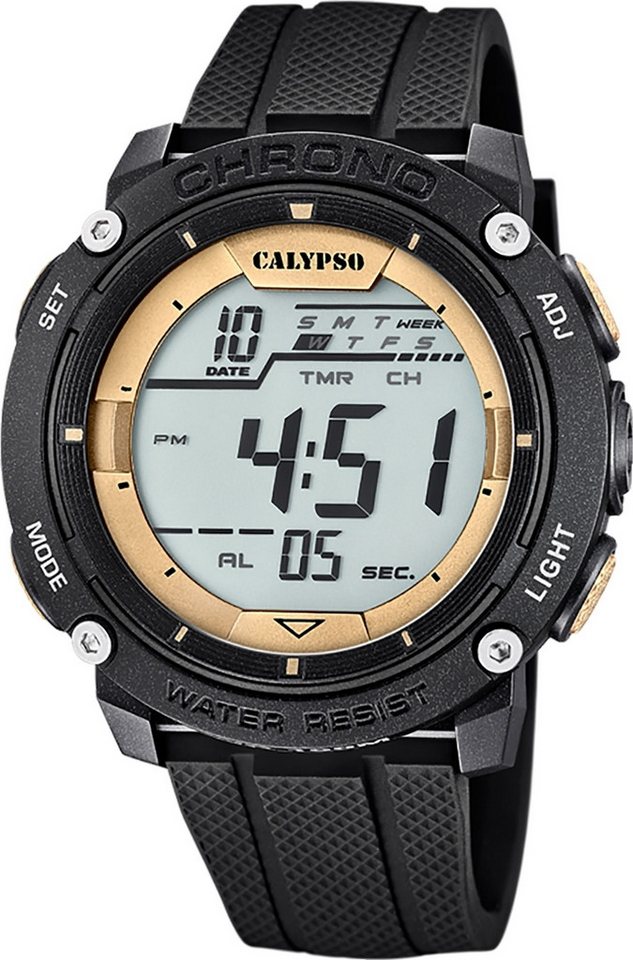 CALYPSO WATCHES Digitaluhr Calypso Herrenuhr Kunststoff schwarz, (Digitaluhr), Herrenuhr rund, extra groß (ca. 50mm) Kunststoffarmband, Sport-Style von CALYPSO WATCHES