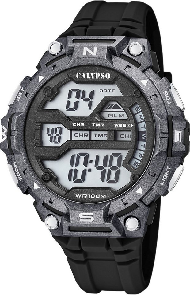 CALYPSO WATCHES Digitaluhr Calypso Herrenuhr Kunststoff schwarz, (Digitaluhr), Herrenuhr rund, extra groß (ca. 51mm) Kunststoffarmband, Sport-Style von CALYPSO WATCHES