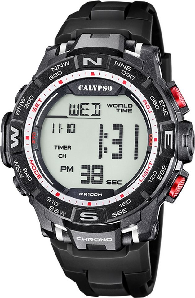 CALYPSO WATCHES Digitaluhr Calypso Herrenuhr Kunststoff schwarz, (Digitaluhr), Herrenuhr rund, extra groß (ca. 52mm) Kunststoffarmband, Sport-Style von CALYPSO WATCHES