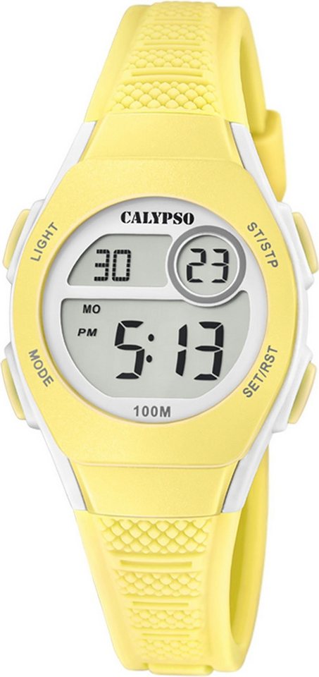 CALYPSO WATCHES Digitaluhr Calypso Jugenduhr Silikon hellgelb, (Digitaluhr), Jugenduhr rund, klein (ca. 28mm) Silikonarmband, Fashion-Style von CALYPSO WATCHES