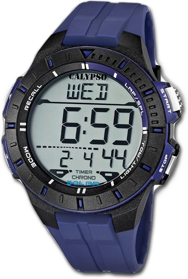 CALYPSO WATCHES Digitaluhr Calypso Kunststoff PUR Herren Uhr, (Digitaluhr), Herrenuhr PURarmband blau, rundes Gehäuse, extra groß (ca. 46mm) von CALYPSO WATCHES