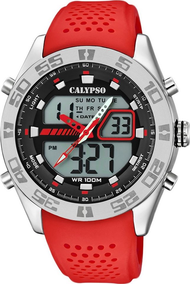 CALYPSO WATCHES Digitaluhr Calypso Herren Uhr K5774/2, Herren Armbanduhr rund, Kunststoff, PUarmband rot, Sport von CALYPSO WATCHES