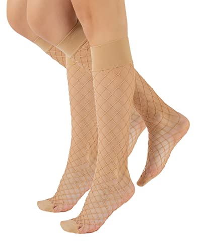 CALZITALY 2 Paar Knie Netzstrümpfe Grosses Lochmuster | Schwarz, Beige | Made in Italy (Beige, Einheitsgröße) von CALZITALY