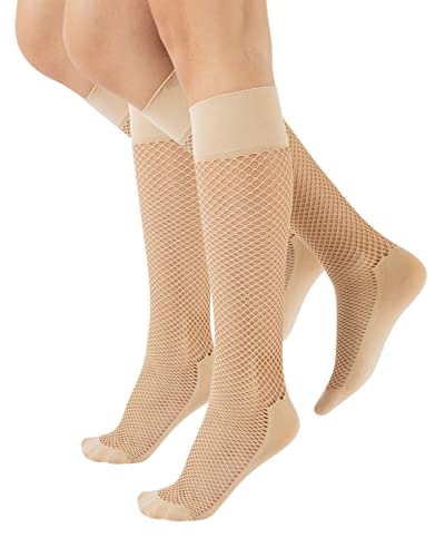 CALZITALY 2 Paar Knie Netzstrümpfe Kleines Lochmuster | Schwarz, Beige | Made in Italy (Einheitsgröße, Beige) von CALZITALY