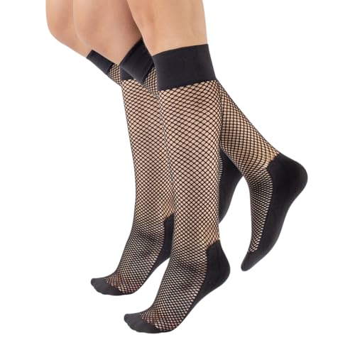 CALZITALY 2 Paar Knie Netzstrümpfe Kleines Lochmuster | Schwarz, Beige | Made in Italy (Einheitsgröße, Schwarz) von CALZITALY