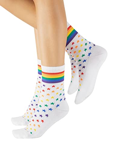 CALZITALY 2 Paar Unisex Socken mit Regenbogen Muster| Baumwolle Strümpfe für Damen und Herren | Grau, Weiss | 35/38-39/42-43/46 | Made in Italy (39/42, Weiß-Sterne) von CALZITALY