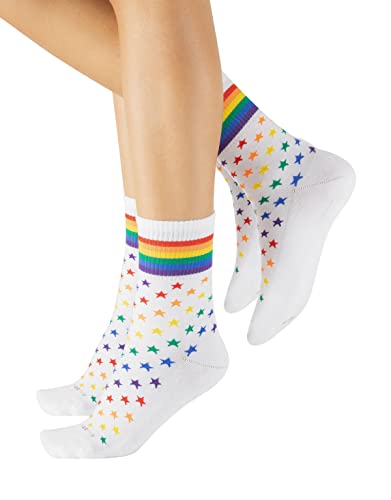 CALZITALY 2 Paar Unisex Socken mit Regenbogen Muster| Baumwolle Strümpfe für Damen und Herren | Grau, Weiss | 35/38-39/42-43/46 | Made in Italy (43/46, Weiß-Sterne) von CALZITALY