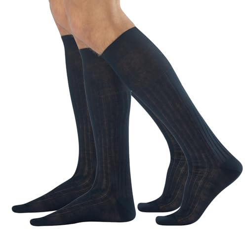 CALZITALY 2 Paar von Herrensocken aus Baumwolle | Elegante Kniestrümpfe mit Rippenmuster | Made in Italy , Blau, 44/45 von CALZITALY