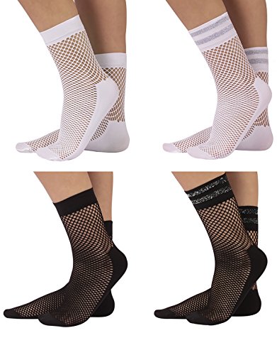 CALZITALY 4 Paar Damen Lurex Netzsocken | Netzstrümpfe mit Komfortsohle und Glitzer Bund | Schwarz, Weiß | Einheitsgröße | Made in Italy CALZITALY 4 Paar Damen Lurex Netzsocken | Netzstrümpfe mit Komfortsohle und Glitzer Bund | Schwarz, Weiß | Einheitsgröße | Made in Italy von CALZITALY