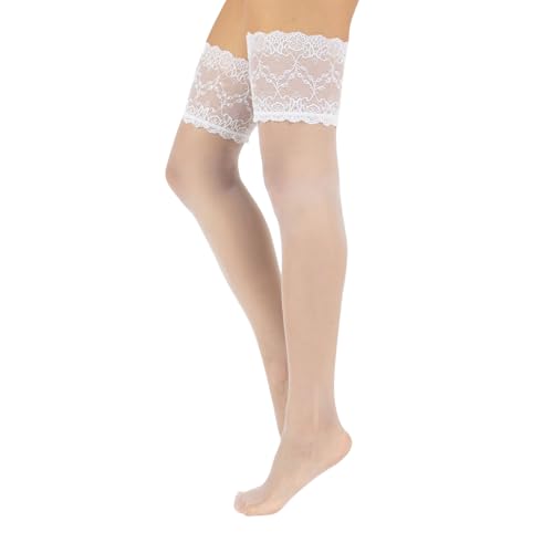 CALZITALY Feine Halterlose Strümpfe Hochzeit mit Spitzenbund | Weiß, Elfenbein, Hautfarbe | S, M/L | 15 DEN | Made in Italy (4XL, Weiß) von CALZITALY