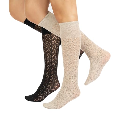 CALZITALY Gestrickte Overknee Trachtenstrümpfe aus Baumwolle mit Muster | Einheitsgröße | Made in Italy (2 X Chevron Beige+Schwarz, Einheitsgröße) von CALZITALY