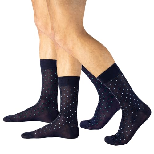 CALZITALY Herrensocken, 100% Fil d'Ecosse Socken, kurze und mittelhohe Socken, hohe Baumwollsocken, 2 Paar | HERGESTELLT IN ITALIEN (42-43, 2 PAAR SOCKEN MARINE - POLKA DOT GRÜN + BLAU) von CALZITALY