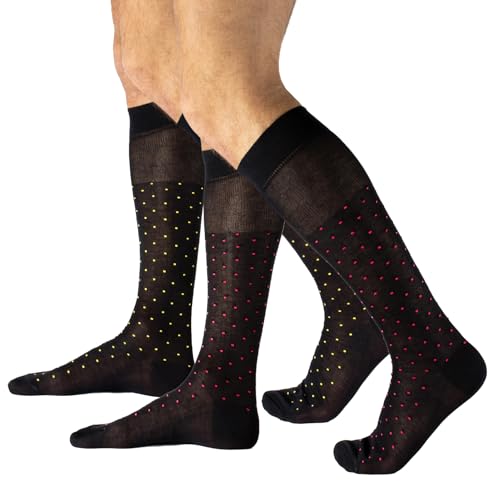 CALZITALY Herrensocken, 100% Fil d'Ecosse Socken, kurze und mittelhohe Socken, hohe Baumwollsocken, 2 Paar | HERGESTELLT IN ITALIEN (44-45, 2 PAAR HOHE SOCKEN SCHWARZ - POLKA DOT ROT + GELB) von CALZITALY