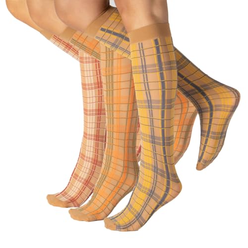 CALZITALY PACK 3 PAAR Gemusterte Kniestrümpfe, Karierte Kniestrümpfe, Tartan Knie Socken, Einheitsgrösse, Made in Italy (Einheitsgröße, Beige) von CALZITALY