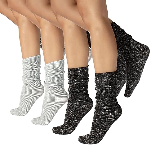 CALZITALY – PACK 4 PAAR Ohne Elastikbund Socken, Glänzende Socken, Blickdichte Socken, Gerippte Socken | Grün, Blau, Schwarz, Grau | 60 DEN | Made in Italy (Einheitsgröße, PACK 4 PAAR LUREX – ASSC) von CALZITALY