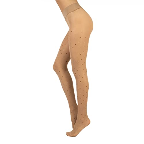 CALZITALY Trasparente Strumpfhose, Nahtlose Strumpfhose, gepunktet Strumpfhosen Damen, S, M, L, XL, XXL, Schwarz, Blau, Hautfarbe, Sun, Tan, 15 DEN, Made in Italy (L-XL, Beige Punkten) von CALZITALY