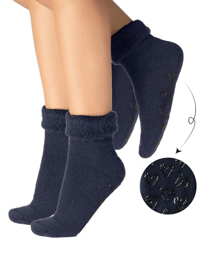 CALZITALY Zwei Paar von Antirutschstrümpfe mit Angora-Optik | Warme Stoppersocken | Mehrfarbig | EInheitsgrösse | Made in Italy (2 X Navy) von CALZITALY