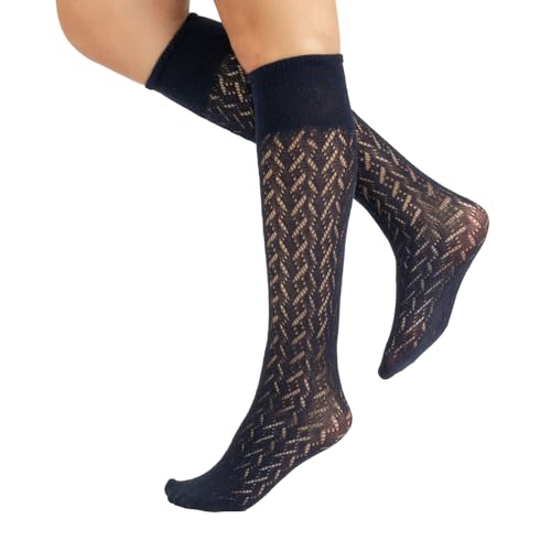 CALZITALY Gestrickte Overknee Trachtenstrümpfe aus Baumwolle mit Muster | Einheitsgröße | Made in Italy (Chevron Blau, Einheitsgröße) von CALZITALY