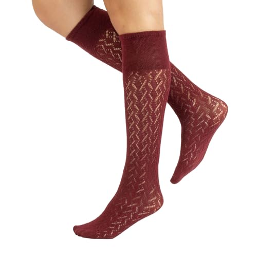 CALZITALY Gestrickte Overknee Trachtenstrümpfe aus Baumwolle mit Muster | Einheitsgröße | Made in Italy (Chevron Bordeaux, Einheitsgröße) von CALZITALY