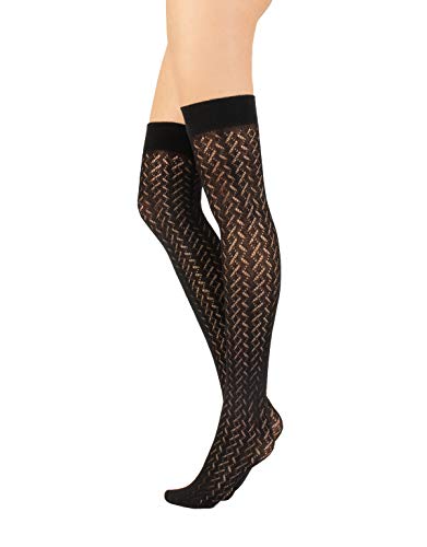 CALZITALY Gestrickte Overknee Strümpfe aus Baumwolle mit Rippenmuster | Grau, Blau, Schwarz, Beige | 300 Den | Made in Italy (Chevron - Schwarz) von CALZITALY