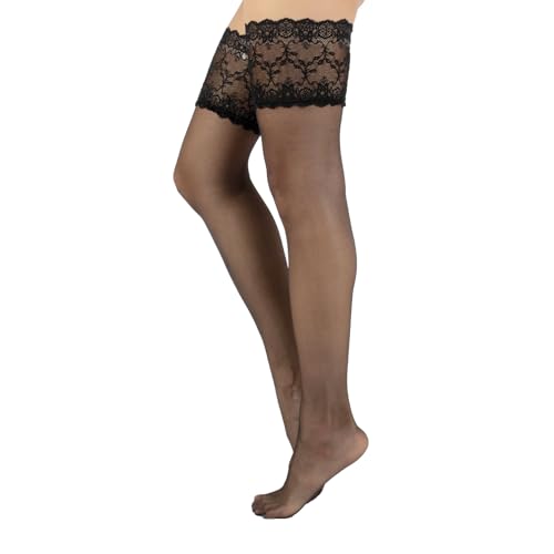 CALZITALY Feine Halterlose Strümpfe Hochzeit mit Spitzenbund | Weiß, Elfenbein, Hautfarbe | S, M/L | 15 DEN | Made in Italy (M/L, Schwarz) von CALZITALY
