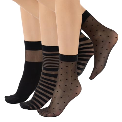 CALZITALY 3 Paar Damen Gemusterte Socken, Feine Elegante Socken mit Muster, Fashion Söckchen, Punkten, Streifen, Karierte, Made in Italy (Muster B - Schwarz, Einheitsgröße) von CALZITALY
