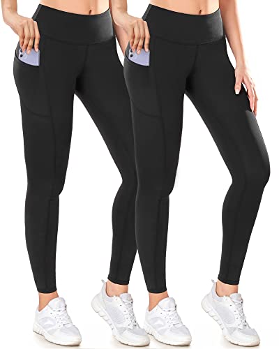 CAMBIVO 2X Sport Leggings Damen High Waist, Sporthose Damen Lang mit Handytaschen, Laufhose Yogahose Damen Push Up Blicklicht Schwarz für Yoga, Fitness, Freiheit von CAMBIVO