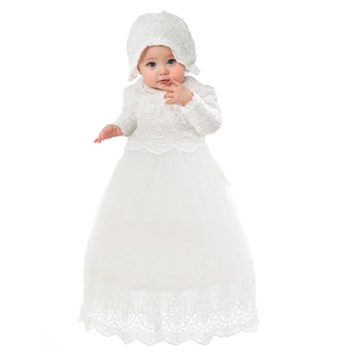 CAMDOM Baby Mädchen Spitze Taufkleid Langarm Prinzessin Taufe Party Kleid mit Hut, Weiß 02, 18-24 Months von CAMDOM