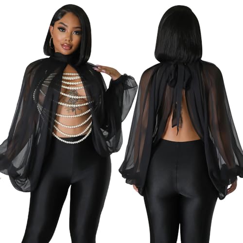 CAMDOM Cropped-Chiffon-Top mit Fledermausärmeln und Schnürung hinten, Schwarz , M von CAMDOM