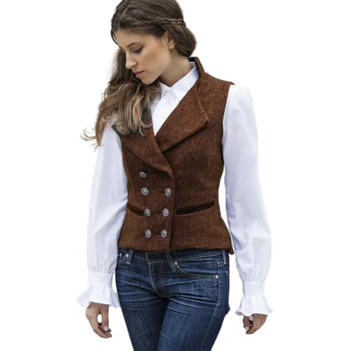 CAMDOM Damen 50er Jahre Vintage Anzugweste Arbeit Tweed Slim Fit Weste V-Ausschnitt Weste Zweireihiger Mantel mit Taschen Ärmellos Blazer Jacken, braun, XL CAMDOM Damen 50er Jahre Vintage Anzugweste Arbeit Tweed Slim Fit Weste V-Ausschnitt Weste Zweireihiger Mantel mit Taschen Ärmellos Blazer Jacken, braun, XL von CAMDOM