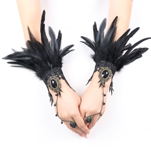 CAMDOM Damen Feder Spitze Lange Handschuhe Steampunk Retro Fingerlose Gothic Manschette Cosplay Kostüm Party Handschuhe, Schwarz , One size von CAMDOM