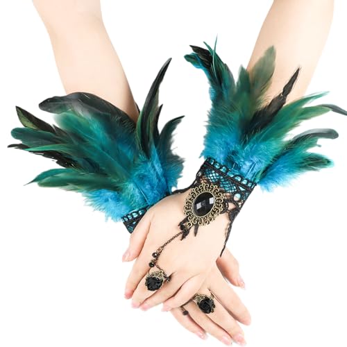 CAMDOM Damen Feder Spitze Lange Handschuhe Steampunk Retro Fingerlose Gothic Manschette Cosplay Kostüm Party Handschuhe, hellblau, One size von CAMDOM