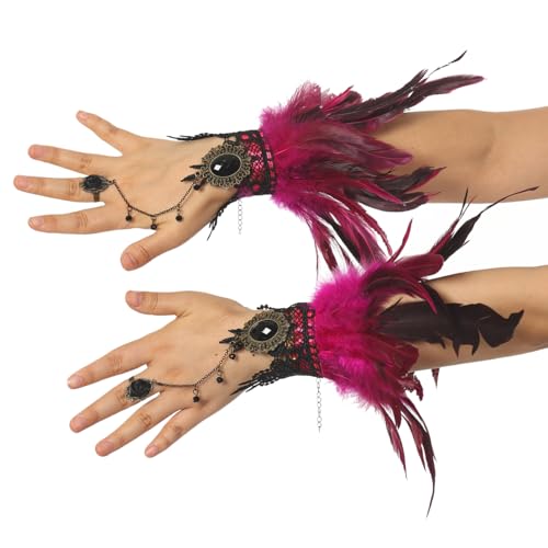 CAMDOM Damen Feder Spitze Lange Handschuhe Steampunk Retro Fingerlose Gothic Manschette Cosplay Kostüm Party Handschuhe, rosarot, One size von CAMDOM