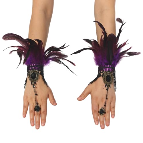CAMDOM Damen Feder Spitze Lange Handschuhe Steampunk Retro Fingerlose Gothic Manschette Cosplay Kostüm Party Handschuhe, violett, One size von CAMDOM