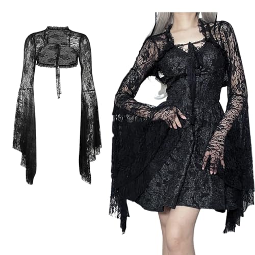 CAMDOM Damen Steampunk Gothic Schnürschal Top Vintage Sexy Sheer Mesh Crop Top Cardigan Smock, Schwarz, M von CAMDOM