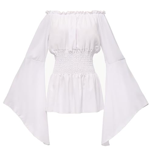 CAMDOM Frauen Renaissance Mittelalter Tops Glocke Langarm Schulterfrei Gothic Shirt Abend Party Blusen, weiß, X-Large von CAMDOM