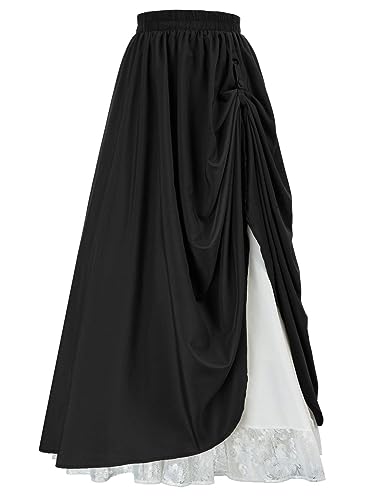 CAMDOM Damen Renaissance Rock,Mittelalterlich Elastische Taille A-Linie Rock,Doppellagig Spitze Langes Viktorianisches Kleid von CAMDOM