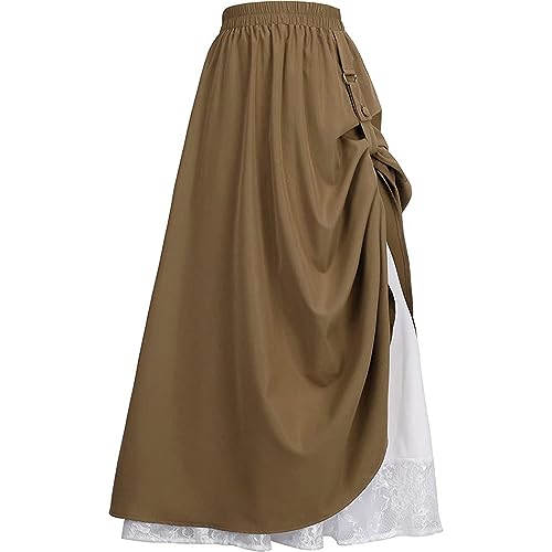 CAMDOM Frauen Renaissance Rock Mittelalter Elastische Taille A-Linie Rock Doppelschicht Spitze Langes Viktorianisches Kleid, braun, 44 von CAMDOM