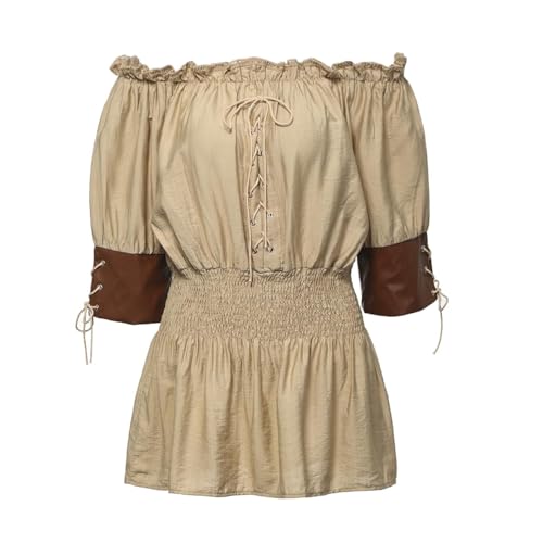 CAMDOM Frauen Steampunk Blusen Renaissance Mittelalter Tops Kurzarm Schulterfrei Gothic Retro Pirat Shirt, Khaki, Large von CAMDOM