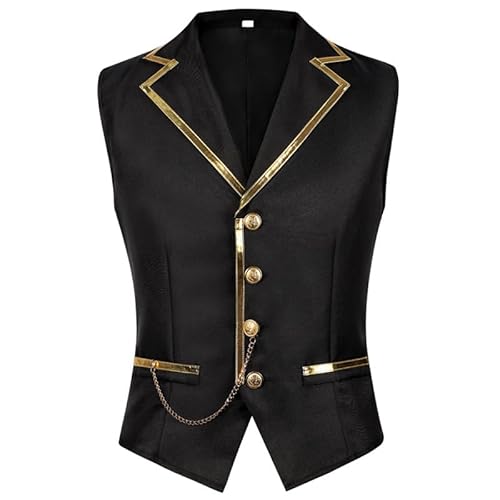 CAMDOM Herren-Anzugweste, einreihig, Hochzeitsweste, goldene Kette, großes Revers, Schwarz , XXL von CAMDOM